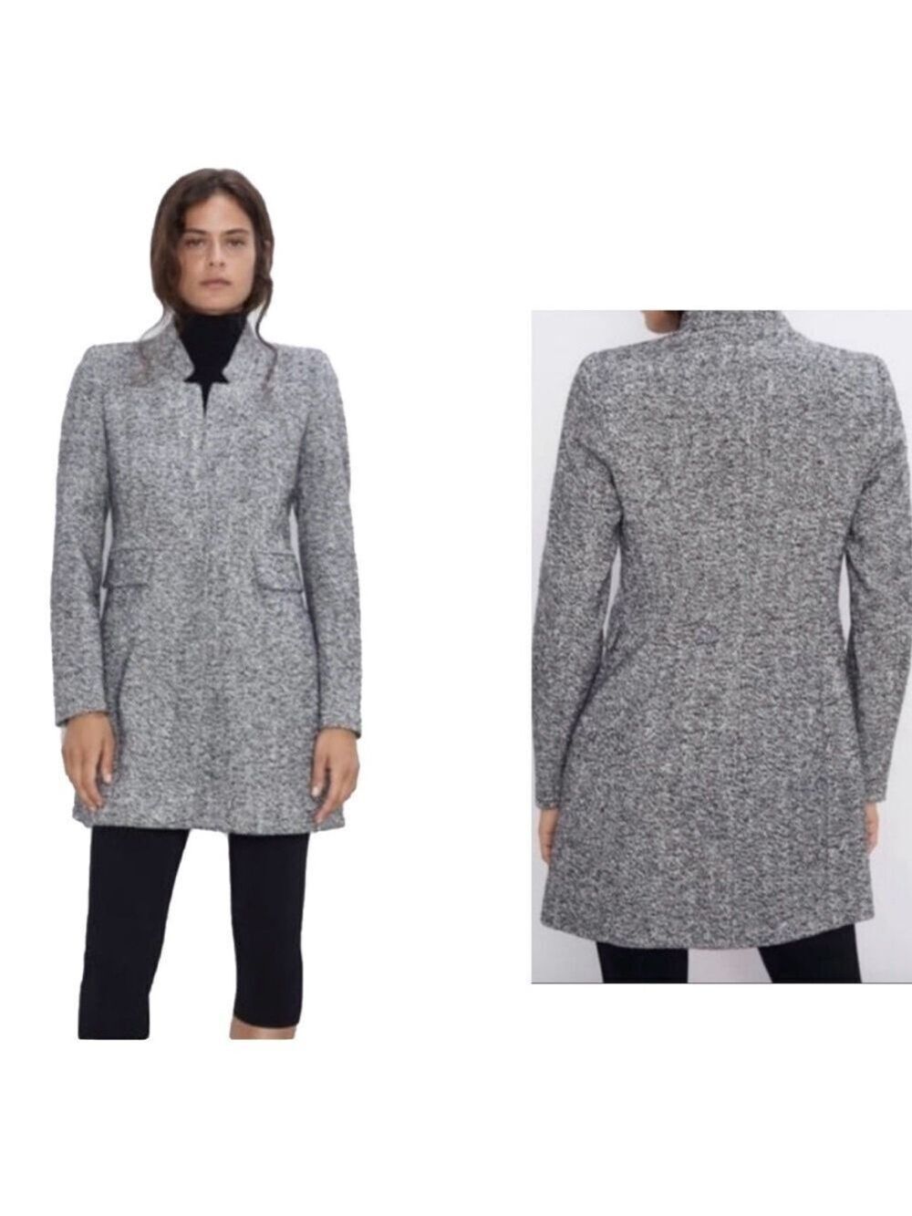 Zara women's gray herringbone blazer coat with mandarin collar & flap pockets S